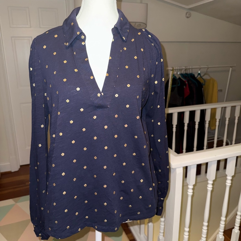 Boden Navy Blouse with Gold Polka Dots